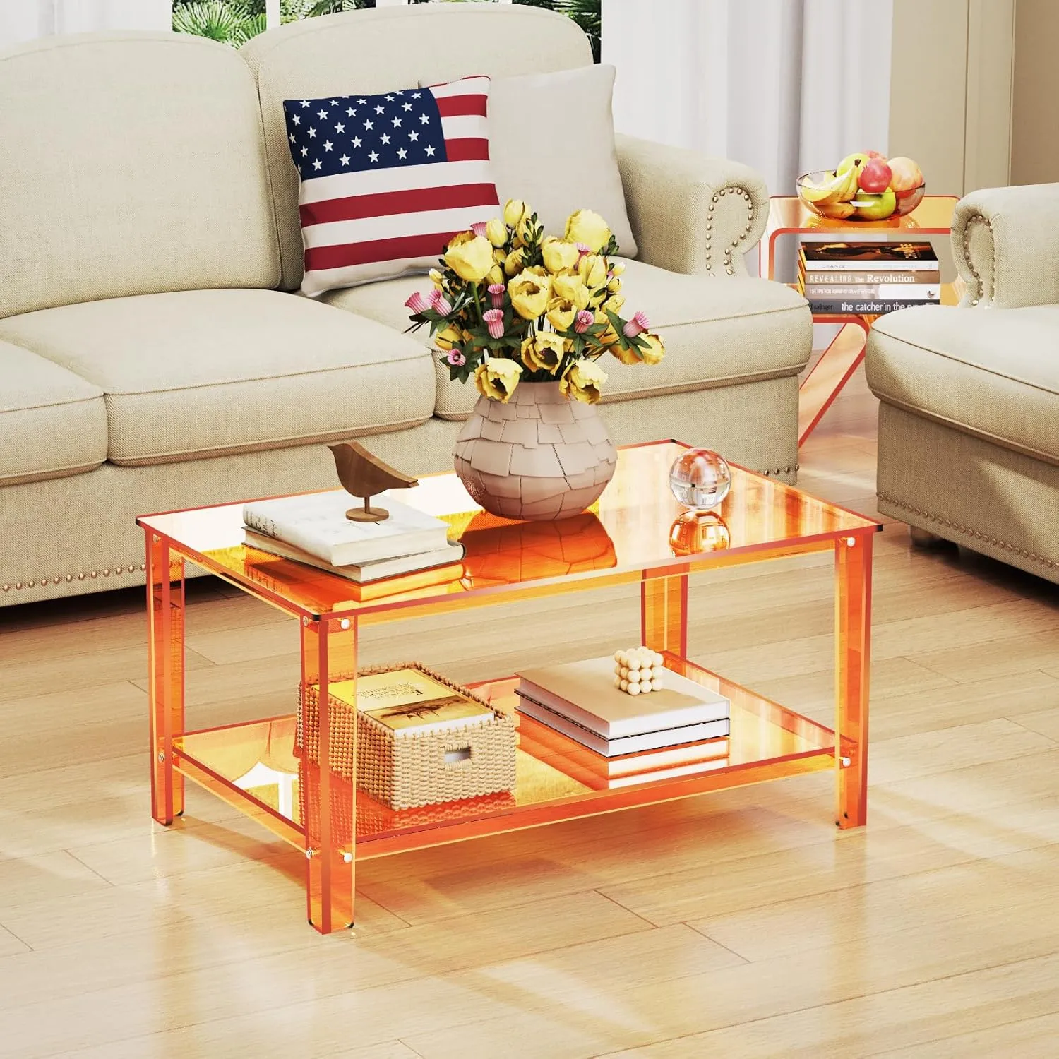 Acrylic Nightstand Side Table Modern Design Clear Home Decor Display End Table for Living Room (Orange)