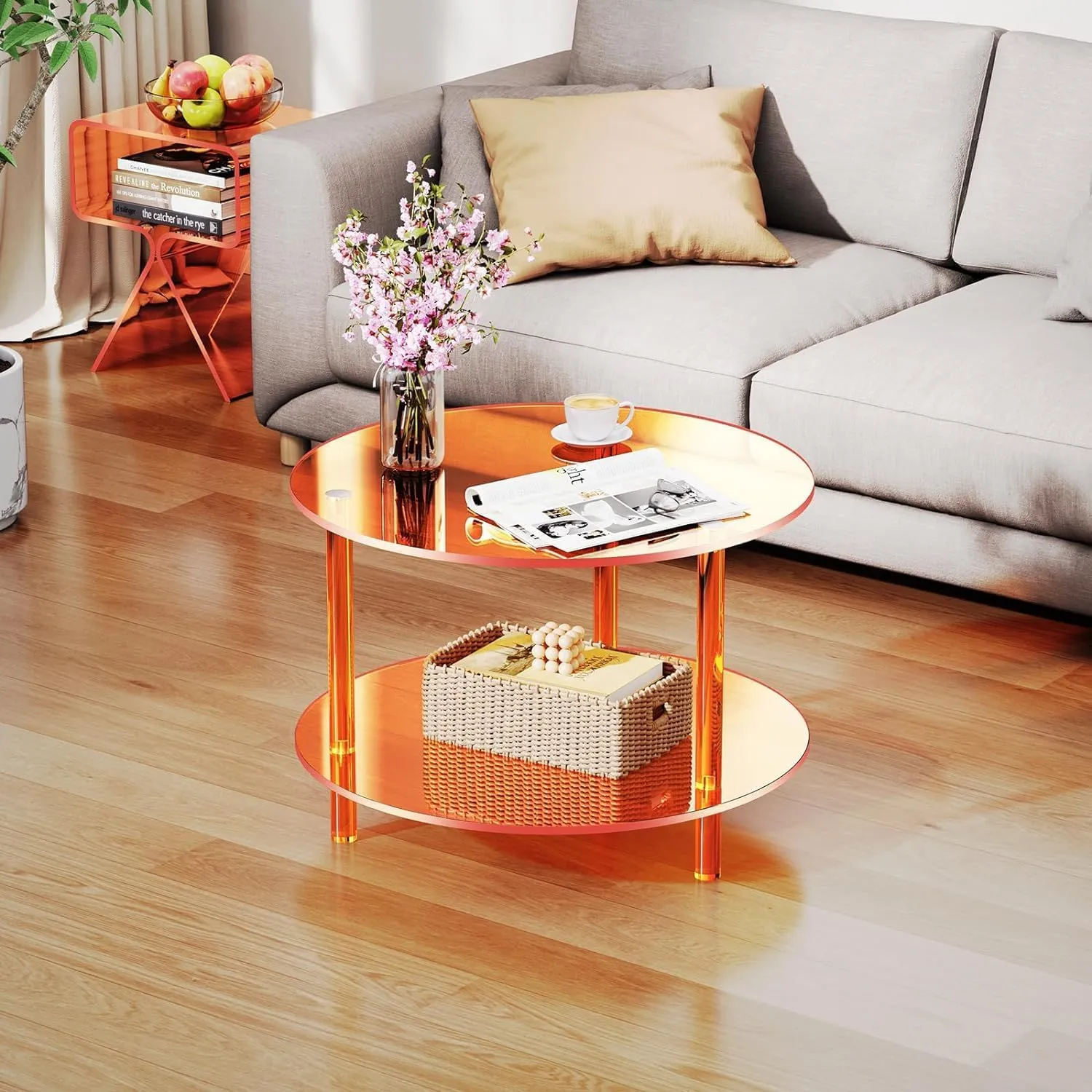 Acrylic Nightstand Side Table Modern Design Clear Home Decor Display End Table for Living Room (Orange)