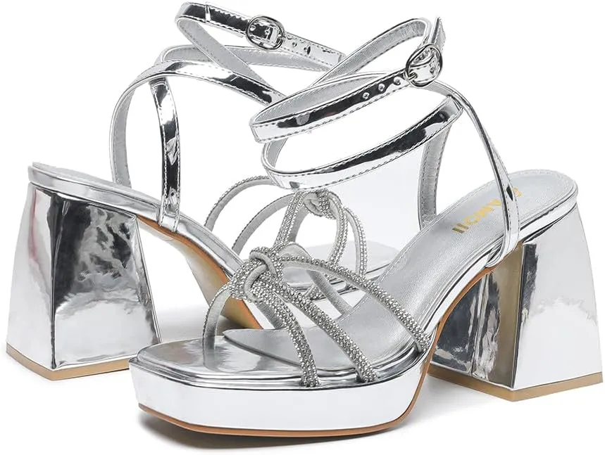 Amoji Women's 4 Inch Rhinestone Block Platform Heeled Sandal Wedding Party 316