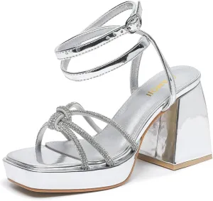 Amoji Women's 4 Inch Rhinestone Block Platform Heeled Sandal Wedding Party 316