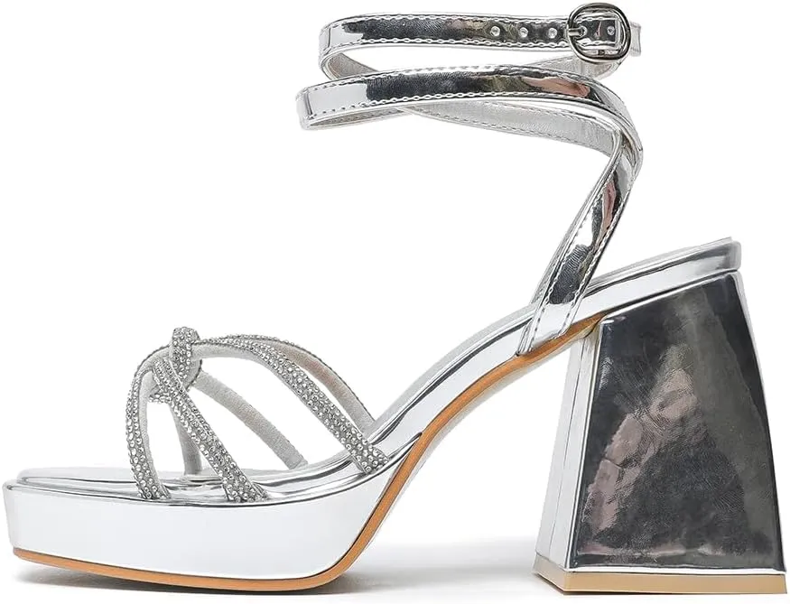 Amoji Women's 4 Inch Rhinestone Block Platform Heeled Sandal Wedding Party 316