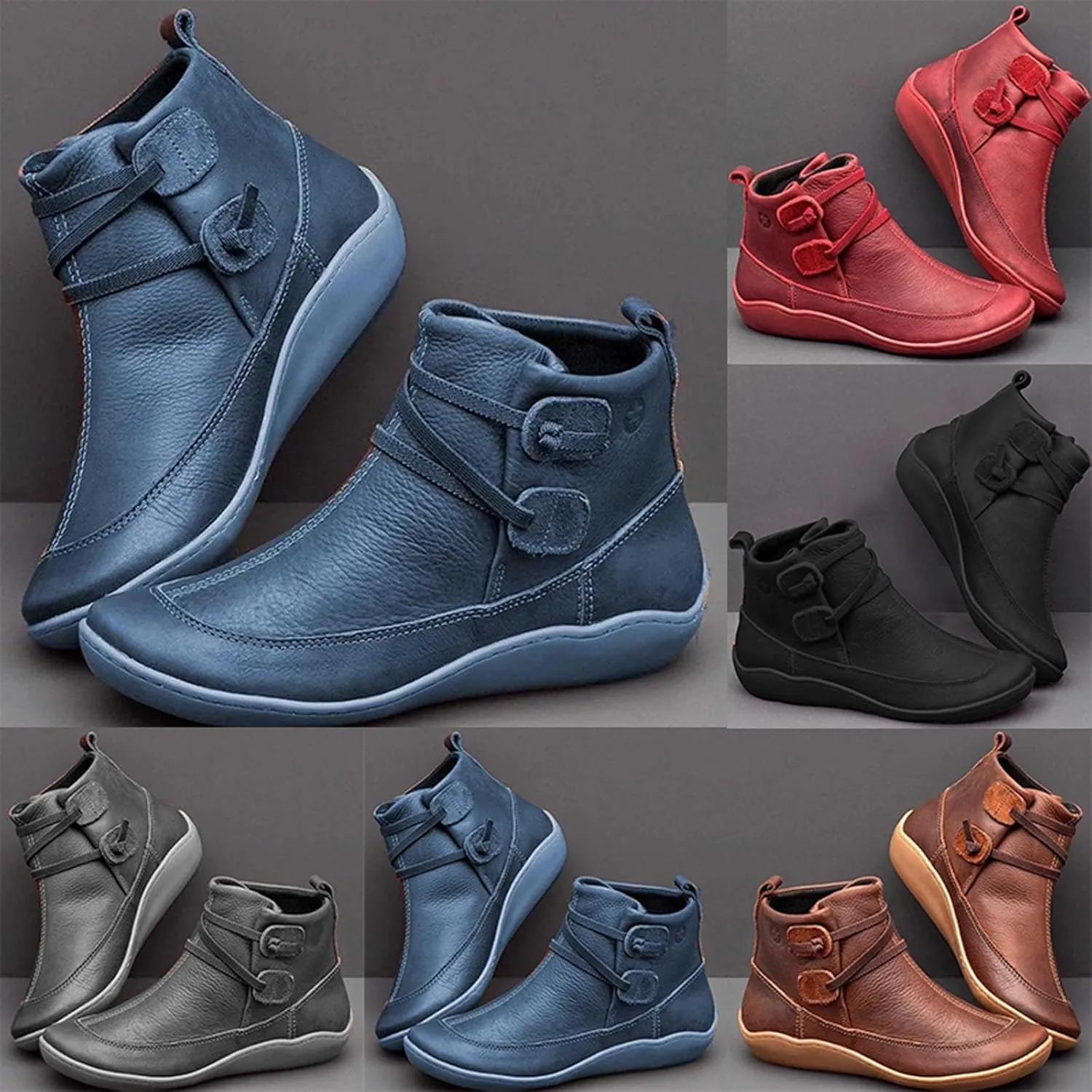 Ankle Boots for Women, No Heel, Arch Support, Fashion Side Zipper, Vintage Retro Slip On Flat Fall Boots