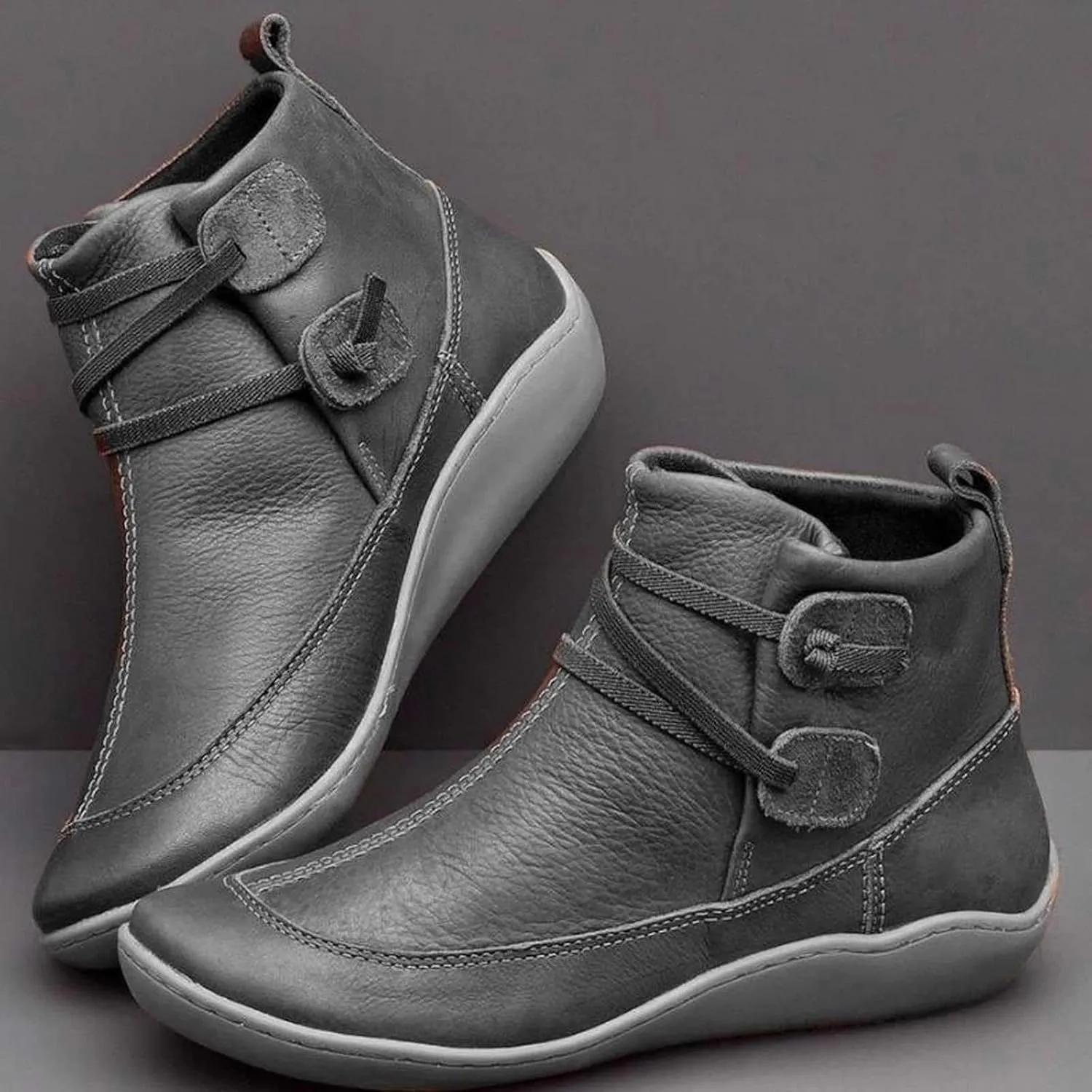 Ankle Boots for Women, No Heel, Arch Support, Fashion Side Zipper, Vintage Retro Slip On Flat Fall Boots