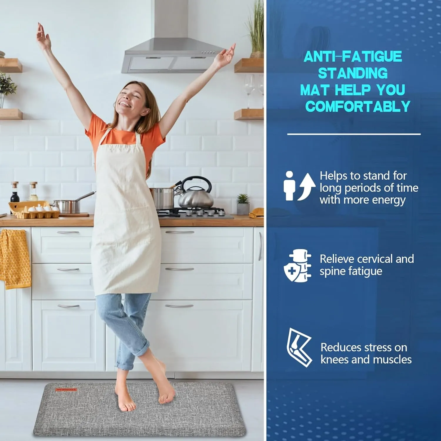 Anti Slip 7/8 inchs Anti Fatigue Kitchen Floor Mat, Ergonomic Comfort Standing Mat, Waterproof Kitchen Runner for Home, Kitchen, Office, Laundry, Garage (Light Gray, 17.3" x 39" -0.87")