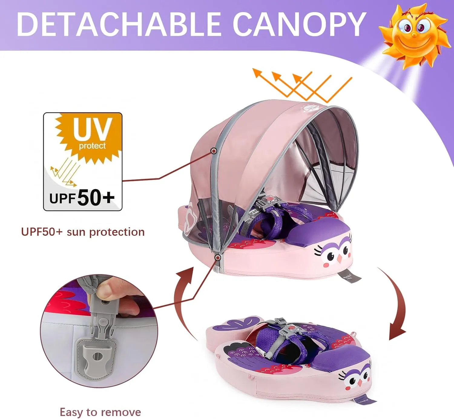 Baby Pool Float with UPF50  3D Adjustable Canopy, Add Tail Mambobaby Float Non Inflatable Infant Floats for Pool, Cartoon Narwhal Baby Floats (BPurple with Canopy-W05BPCTLUROHML01W05)
