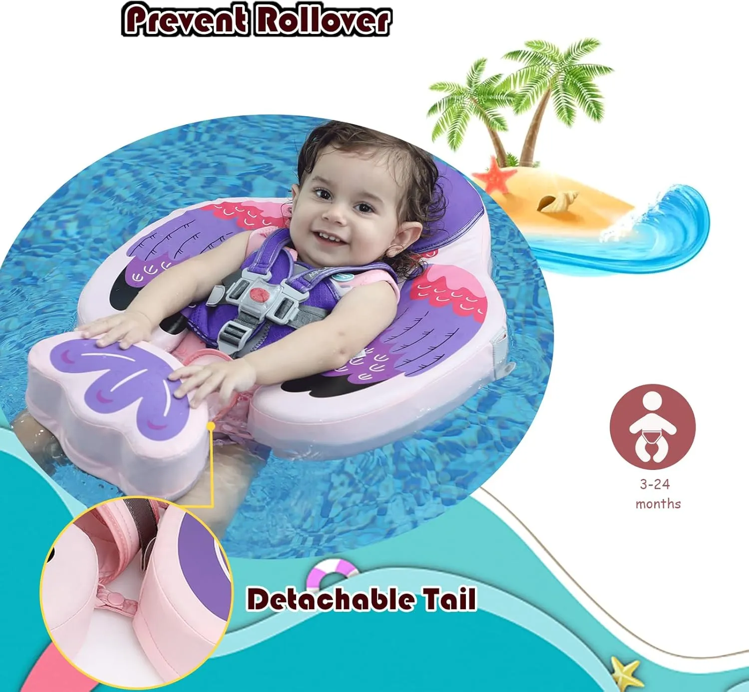 Baby Pool Float with UPF50  3D Adjustable Canopy, Add Tail Mambobaby Float Non Inflatable Infant Floats for Pool, Cartoon Narwhal Baby Floats (BPurple with Canopy-W05BPCTLUROHML01W05)