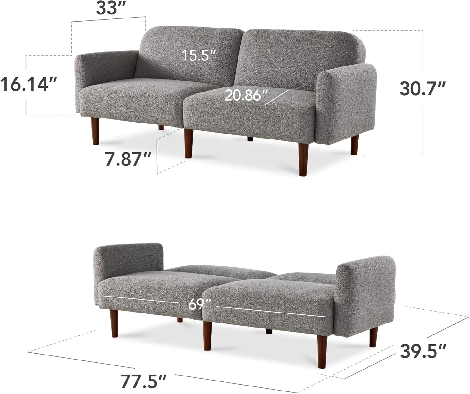 Best Choice Products 77" Mid Century Modern Boucle Loveseat Sofa, Couch, Convertible Sofa Sleeper Bed w/Real Wood, Removable Armrest - Storm Gray