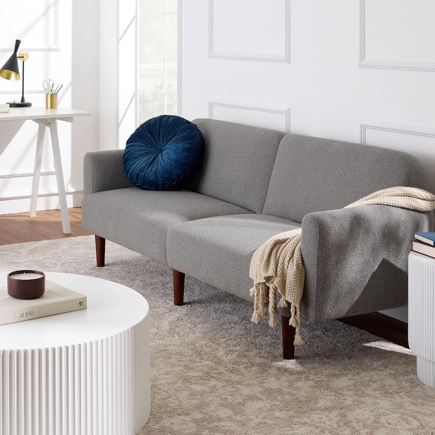 Best Choice Products 77" Mid Century Modern Boucle Loveseat Sofa, Couch, Convertible Sofa Sleeper Bed w/Real Wood, Removable Armrest - Storm Gray