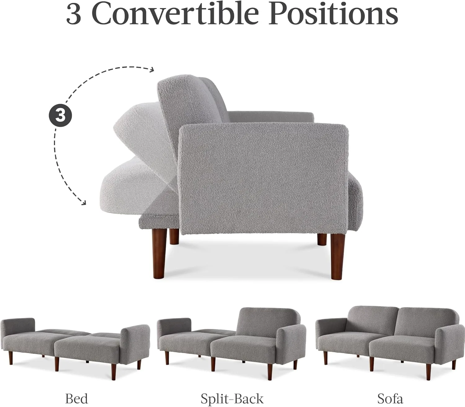 Best Choice Products 77" Mid Century Modern Boucle Loveseat Sofa, Couch, Convertible Sofa Sleeper Bed w/Real Wood, Removable Armrest - Storm Gray