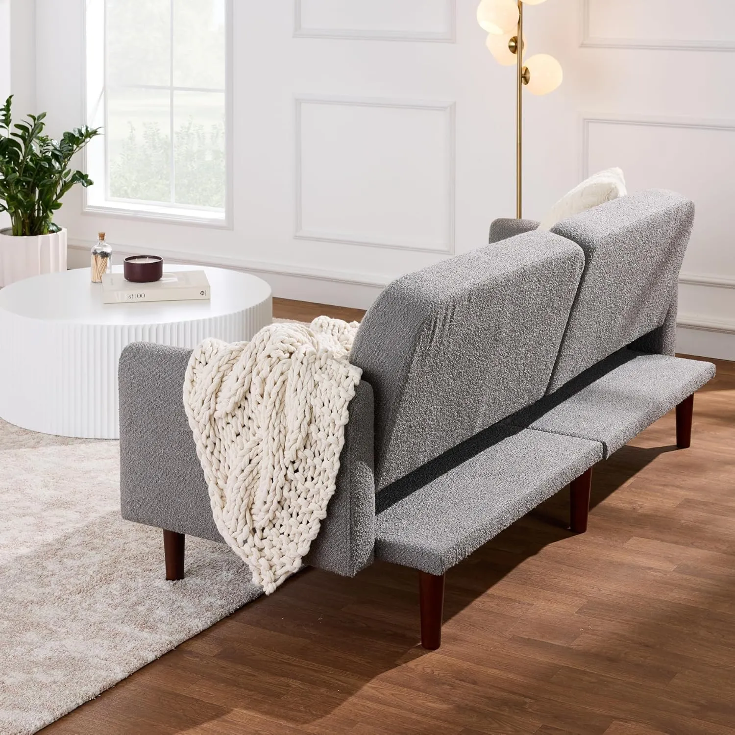 Best Choice Products 77" Mid Century Modern Boucle Loveseat Sofa, Couch, Convertible Sofa Sleeper Bed w/Real Wood, Removable Armrest - Storm Gray