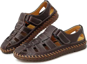 Bitiger Mens Closed Toe Leather Sandals Outdoor Adjustable Fisherman Sandals