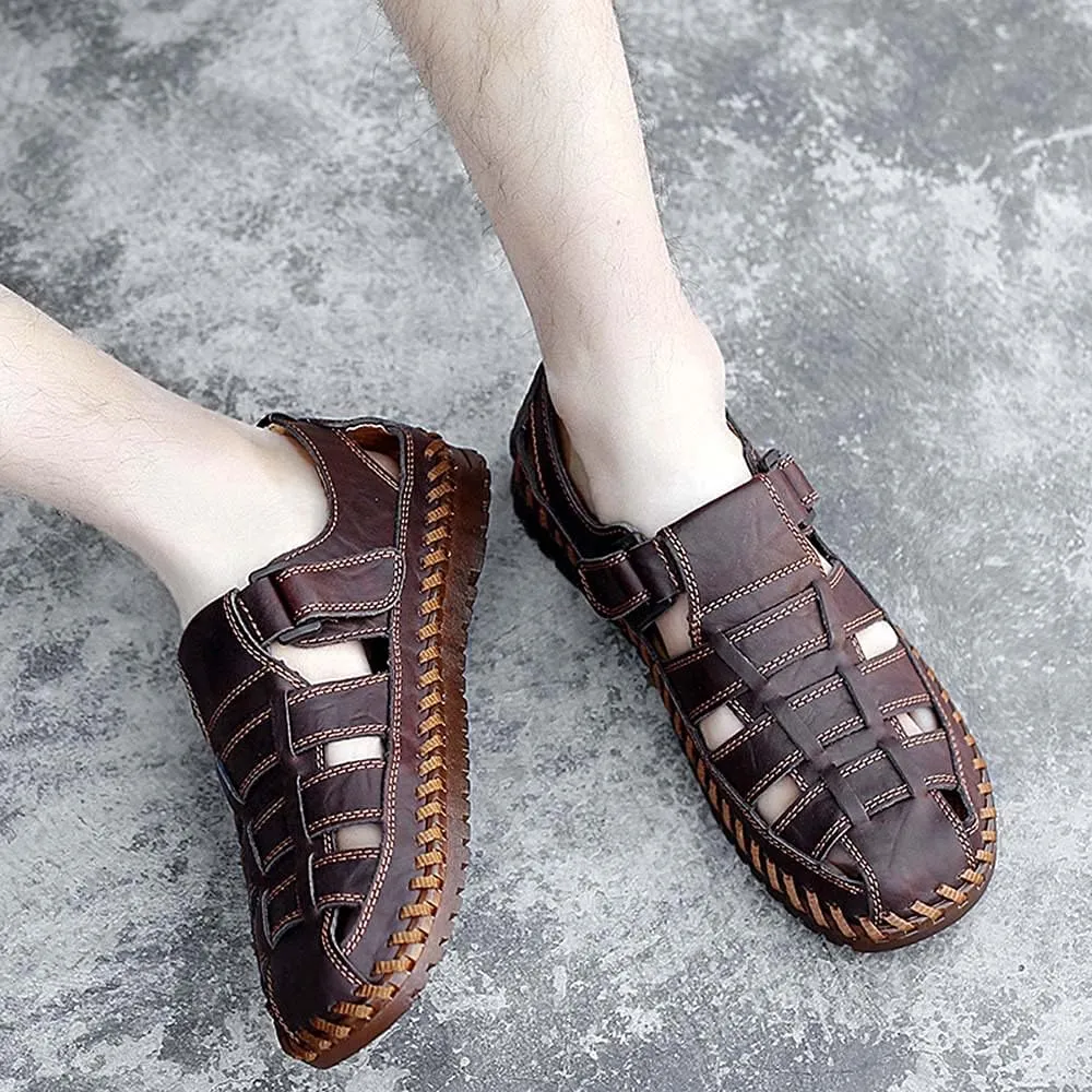 Bitiger Mens Closed Toe Leather Sandals Outdoor Adjustable Fisherman Sandals