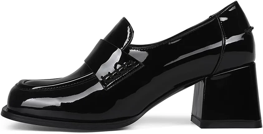 Black Loafers Trendy Square Toe Casual Slip-on Block Heel Comfortable Dress Office Shoes