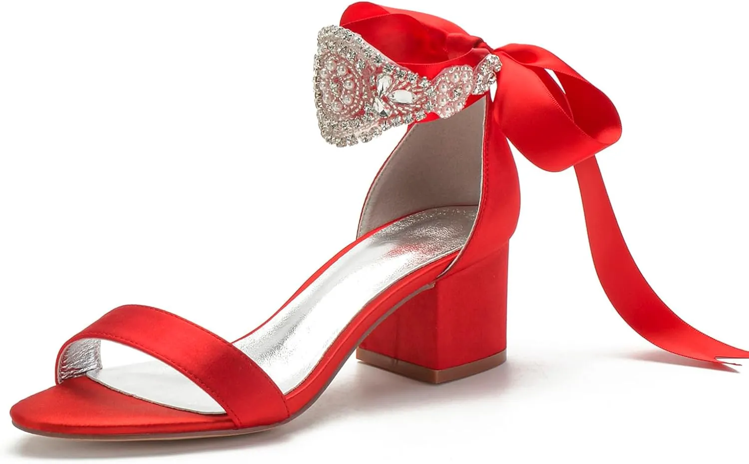 Block Heels Bride Wedding Pumps Bowknot Strap Bride Pumps Bridal Shoes Beaded Ankle Satin Sandals Open Toe Dress Evening Comfortable,Red,10