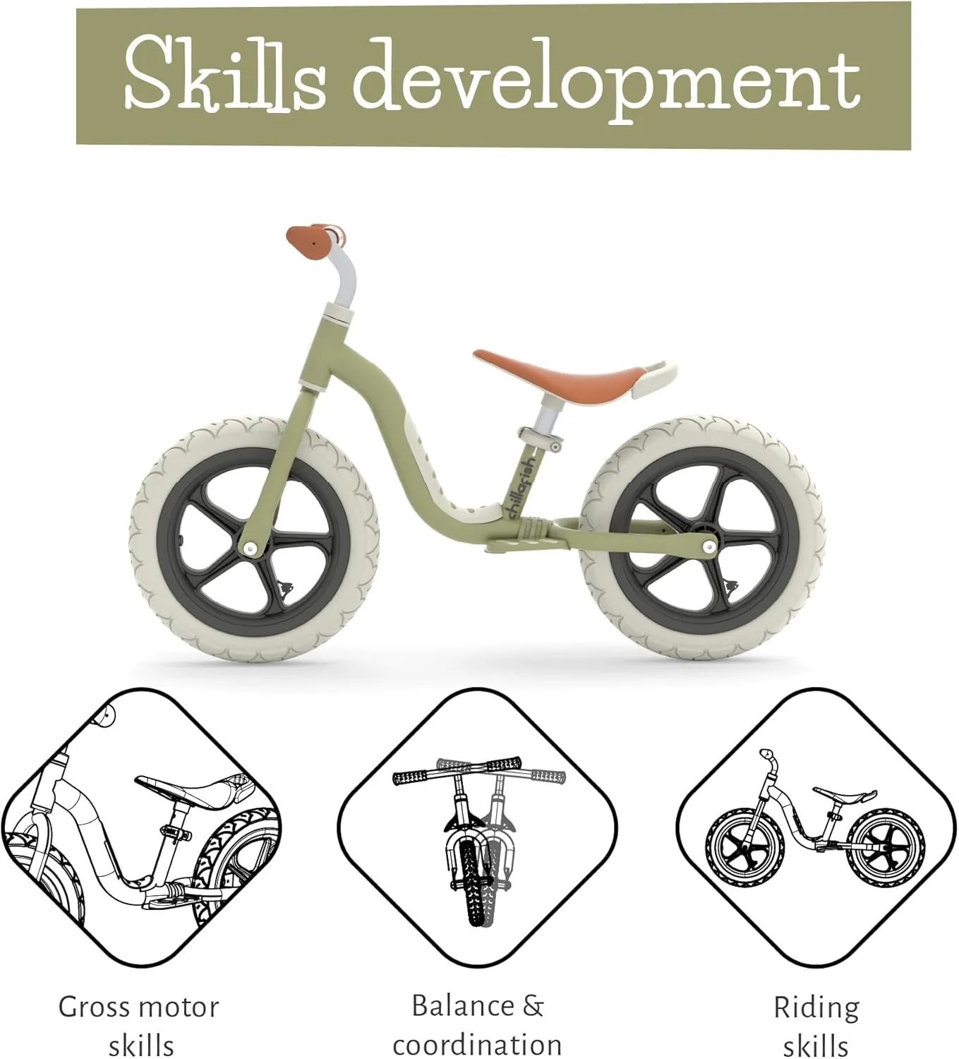 Chillafish Charlie Lux Lightweight Balance Bike Trainer for Children 2 to 5-Years, with Carry Handle, Integrated Footrest, Adjustable Seat, Handlebar, and No-Puncture 12-Inch EVA Tires, Olive