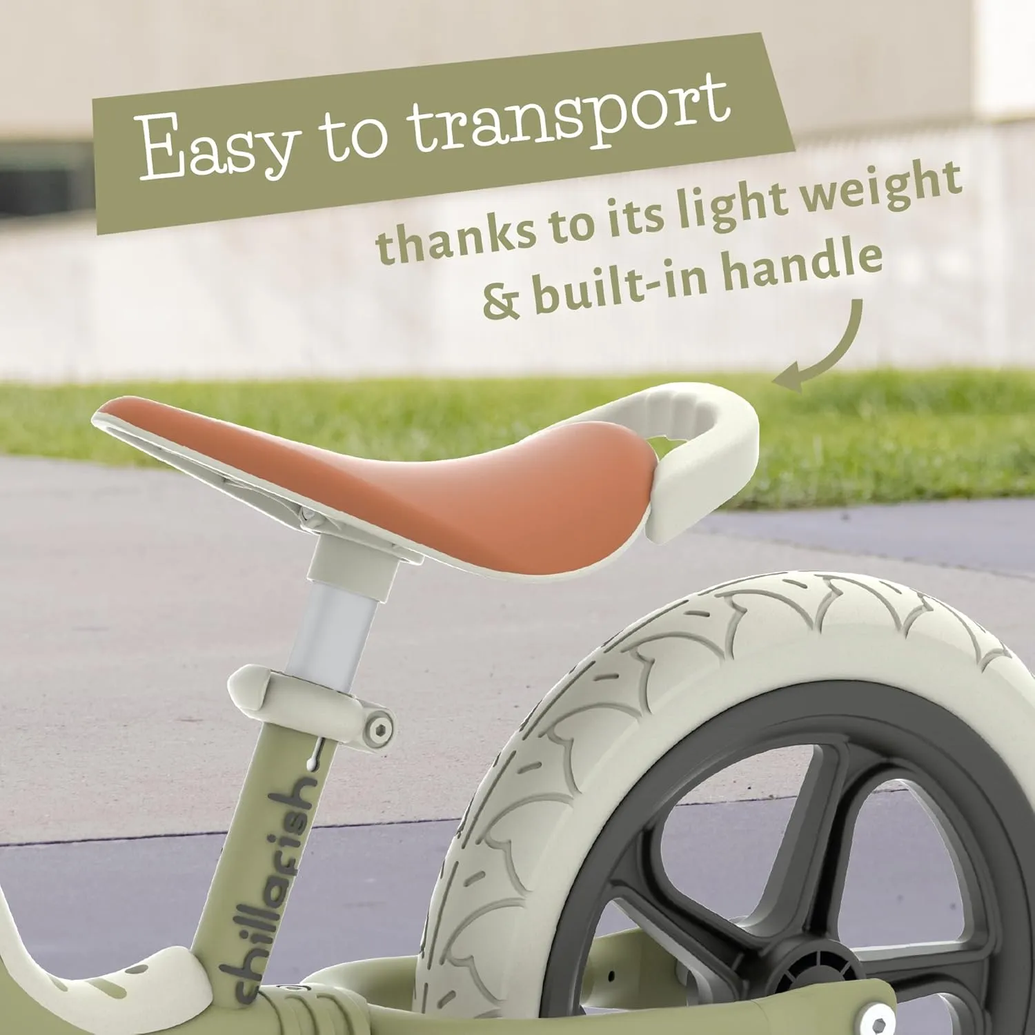 Chillafish Charlie Lux Lightweight Balance Bike Trainer for Children 2 to 5-Years, with Carry Handle, Integrated Footrest, Adjustable Seat, Handlebar, and No-Puncture 12-Inch EVA Tires, Olive