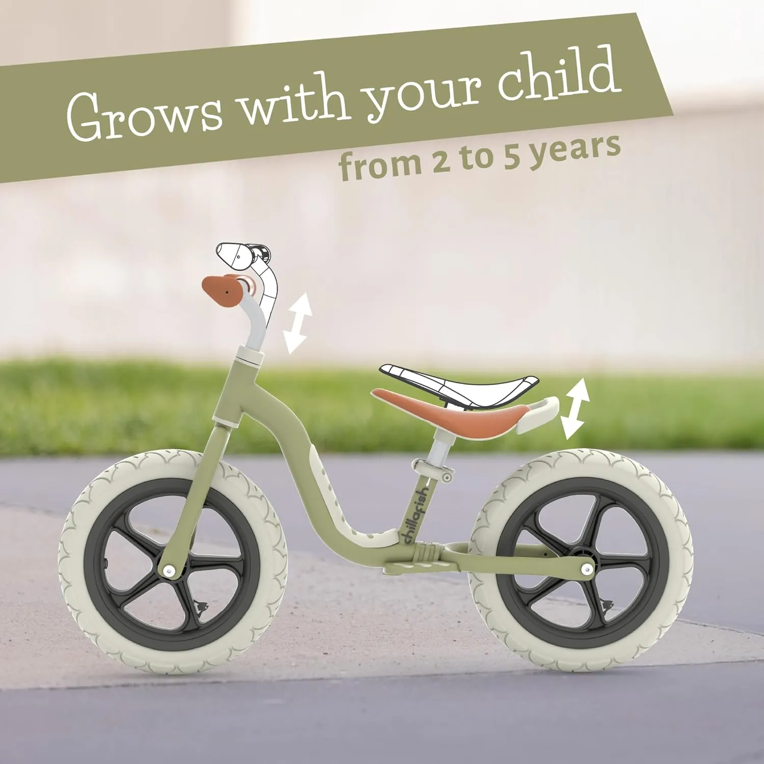 Chillafish Charlie Lux Lightweight Balance Bike Trainer for Children 2 to 5-Years, with Carry Handle, Integrated Footrest, Adjustable Seat, Handlebar, and No-Puncture 12-Inch EVA Tires, Olive