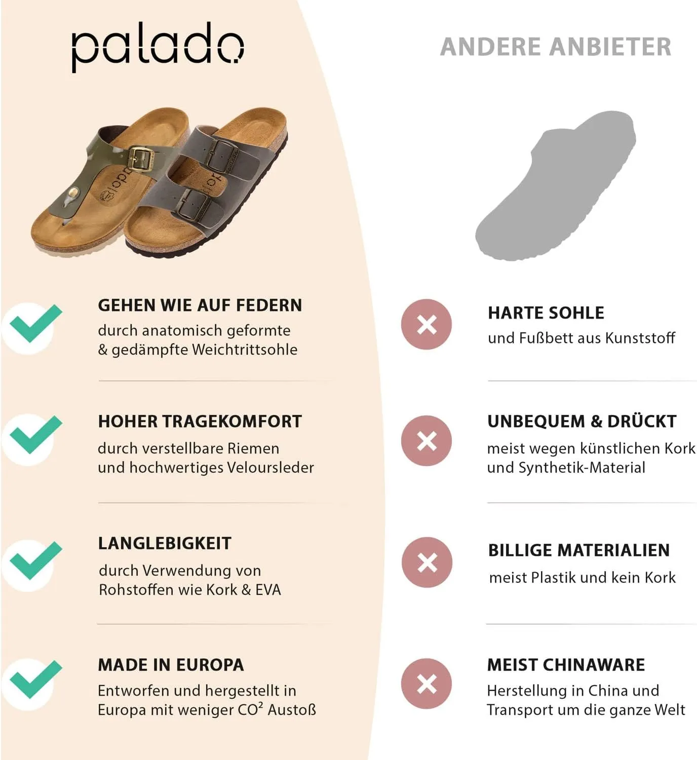 Corfu PF Women's Mules - Slippers with Natural Cork Footbed - Comfortable Sandals - Two-Strap - Made in Spain