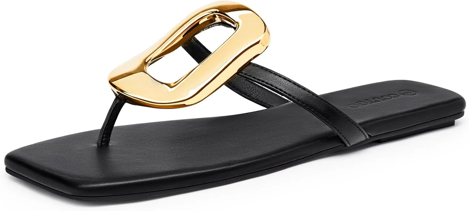Coutgo Womens Flat Sandals Comfortable Flip Flops Slide Sandals Summer Beach Shoes with Metal Decoration