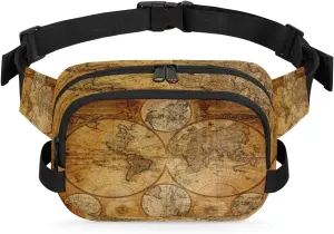Fanny Pack for Women Men, Vintage World Map Waist Pack Bag Retro Education Map Waterproof Belt Bag with Adjustable Strap Casual Hip Bum Bag Crossbody Bags for Running Trave Hiking Cycling Workout
