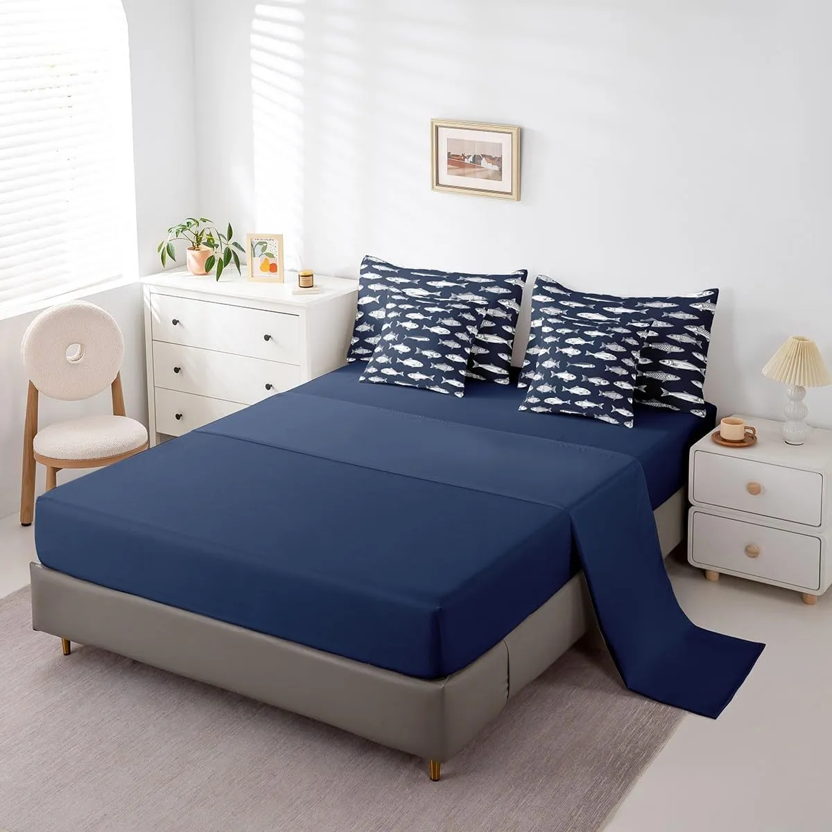Feelyou Big Pike Fish Bedding Set All Season King Size Bass Big Fish Comforter Set 7 Pieces Fishing Hunting Fisherman Fish Man Bed in a Bag for Blue Bed Set with Comforter, Sheet Set, Pillowcases