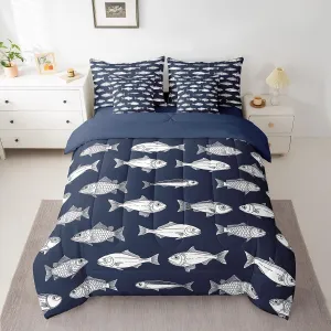 Feelyou Big Pike Fish Bedding Set All Season King Size Bass Big Fish Comforter Set 7 Pieces Fishing Hunting Fisherman Fish Man Bed in a Bag for Blue Bed Set with Comforter, Sheet Set, Pillowcases