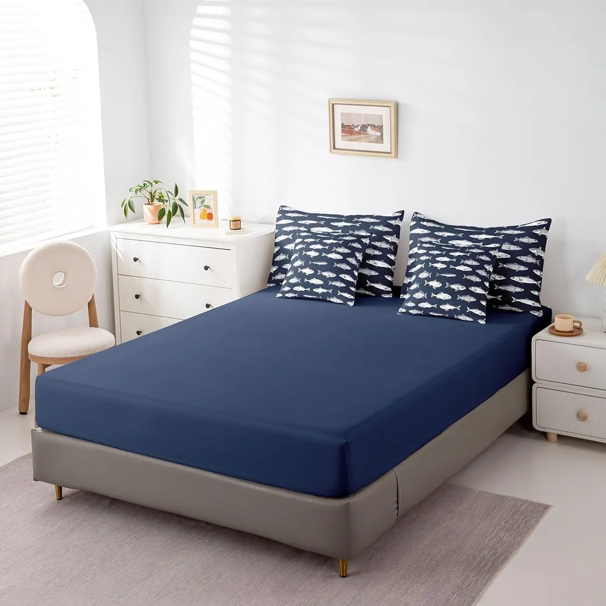 Feelyou Big Pike Fish Bedding Set All Season King Size Bass Big Fish Comforter Set 7 Pieces Fishing Hunting Fisherman Fish Man Bed in a Bag for Blue Bed Set with Comforter, Sheet Set, Pillowcases