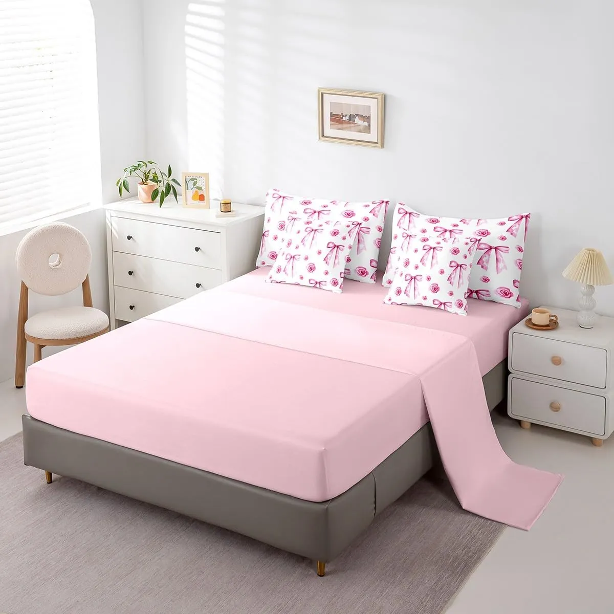 Feelyou Cute Pink Bowknot Bed Set Includes Comforter, Sheet Set, Pillowcases & Pillow Covers Bow 7 Piece Bedding Set Teens Room Decor Bow Rose Flower Bed in a Bag Queen Size Kawaii Romantic