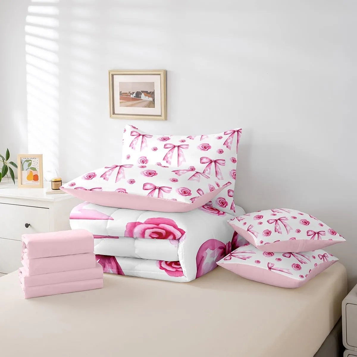 Feelyou Cute Pink Bowknot Bed Set Includes Comforter, Sheet Set, Pillowcases & Pillow Covers Bow 7 Piece Bedding Set Teens Room Decor Bow Rose Flower Bed in a Bag Queen Size Kawaii Romantic