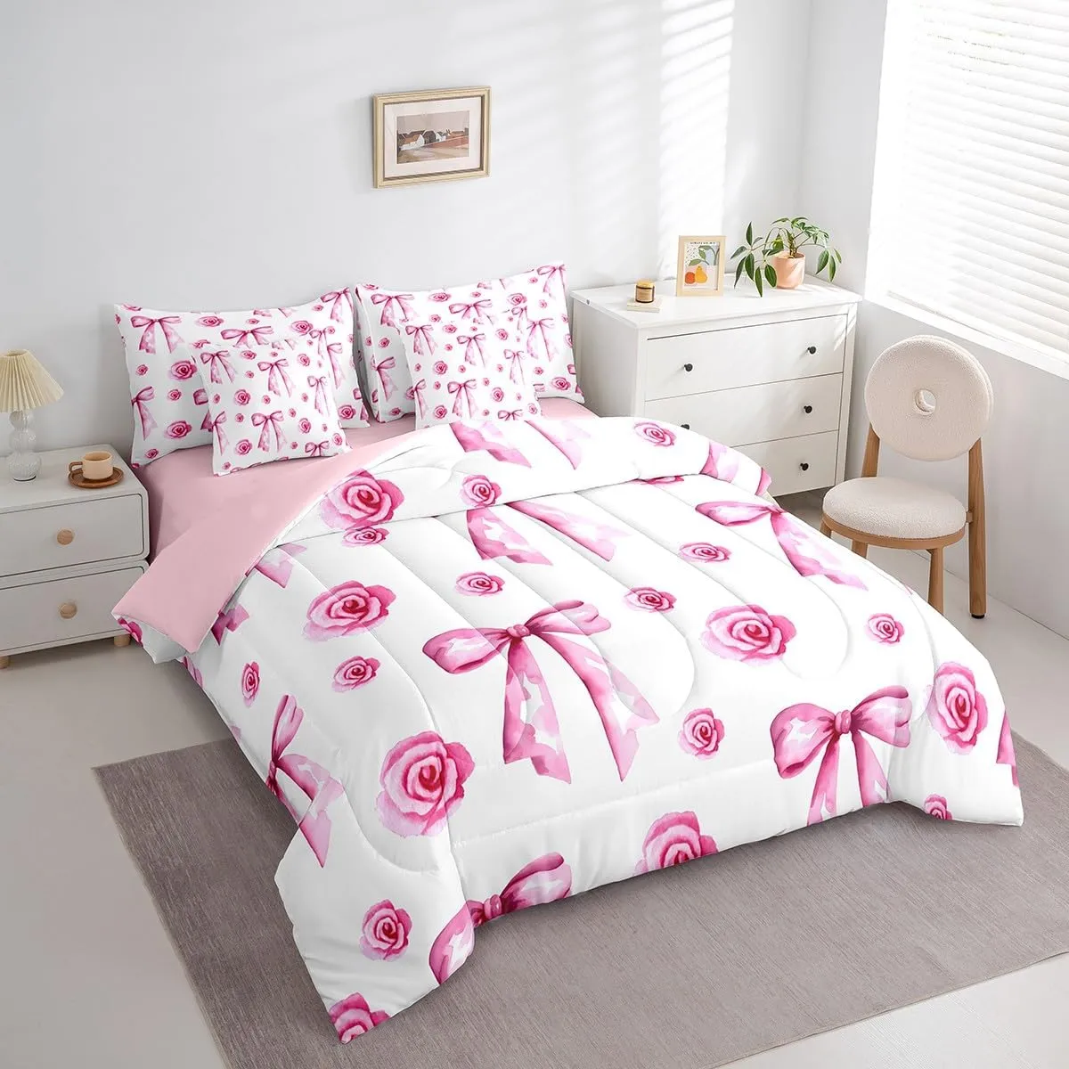 Feelyou Cute Pink Bowknot Bed Set Includes Comforter, Sheet Set, Pillowcases & Pillow Covers Bow 7 Piece Bedding Set Teens Room Decor Bow Rose Flower Bed in a Bag Queen Size Kawaii Romantic