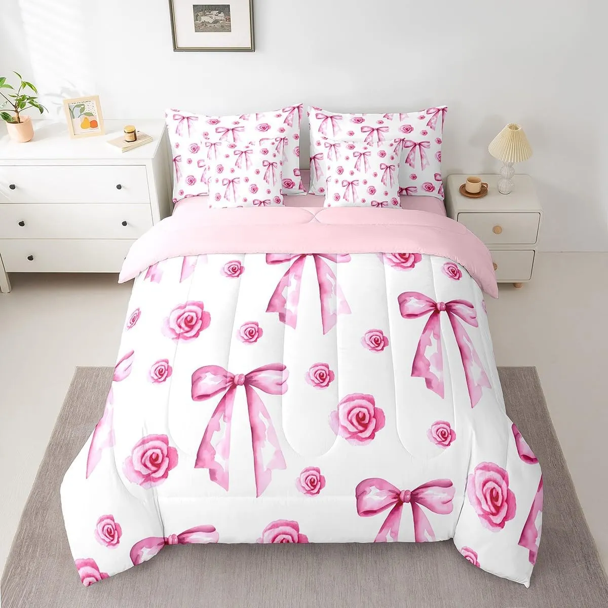 Feelyou Cute Pink Bowknot Bed Set Includes Comforter, Sheet Set, Pillowcases & Pillow Covers Bow 7 Piece Bedding Set Teens Room Decor Bow Rose Flower Bed in a Bag Queen Size Kawaii Romantic