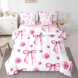 Feelyou Cute Pink Bowknot Bed Set Includes Comforter, Sheet Set, Pillowcases & Pillow Covers Bow 7 Piece Bedding Set Teens Room Decor Bow Rose Flower Bed in a Bag Queen Size Kawaii Romantic