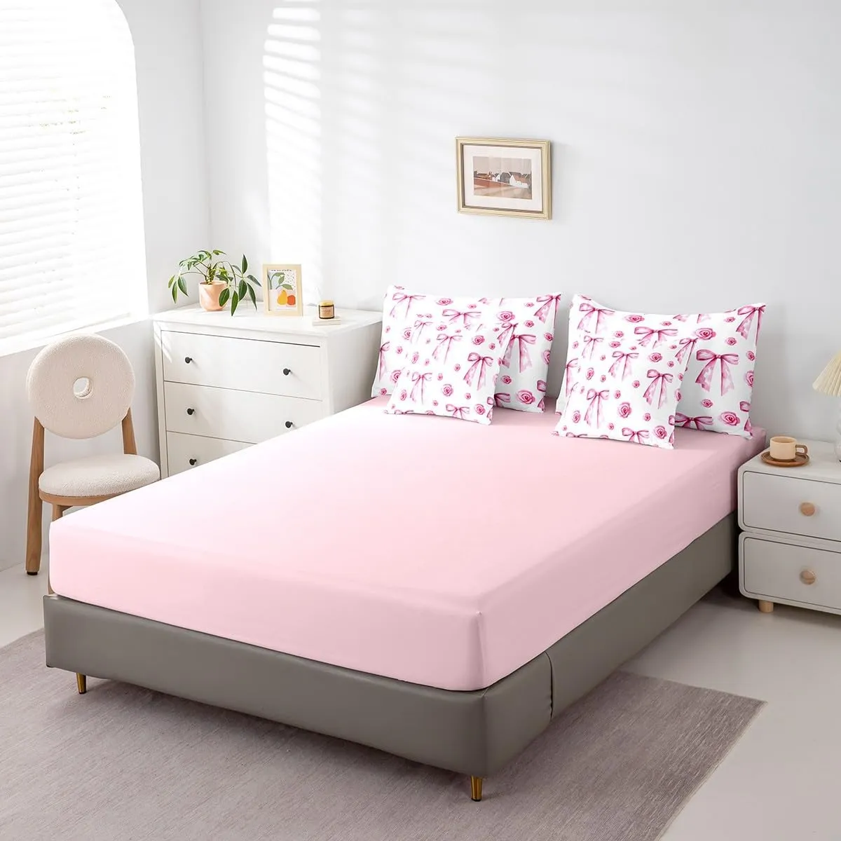 Feelyou Cute Pink Bowknot Bed Set Includes Comforter, Sheet Set, Pillowcases & Pillow Covers Bow 7 Piece Bedding Set Teens Room Decor Bow Rose Flower Bed in a Bag Queen Size Kawaii Romantic