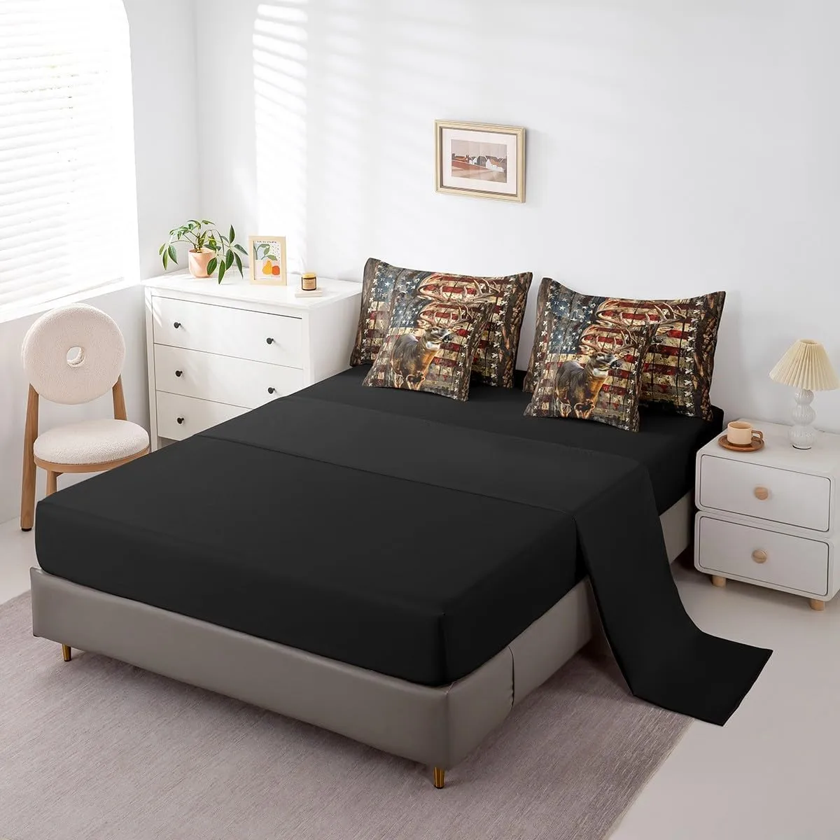 Feelyou Deer Hunting Comforter Set with Sheets American Flag 7 Piece Bedding Set Queen Size for Kids Boys Girls Wild Animal Deer Bed in a Bag Soft Down Bedding Comforters
