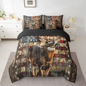 Feelyou Deer Hunting Comforter Set with Sheets American Flag 7 Piece Bedding Set Queen Size for Kids Boys Girls Wild Animal Deer Bed in a Bag Soft Down Bedding Comforters