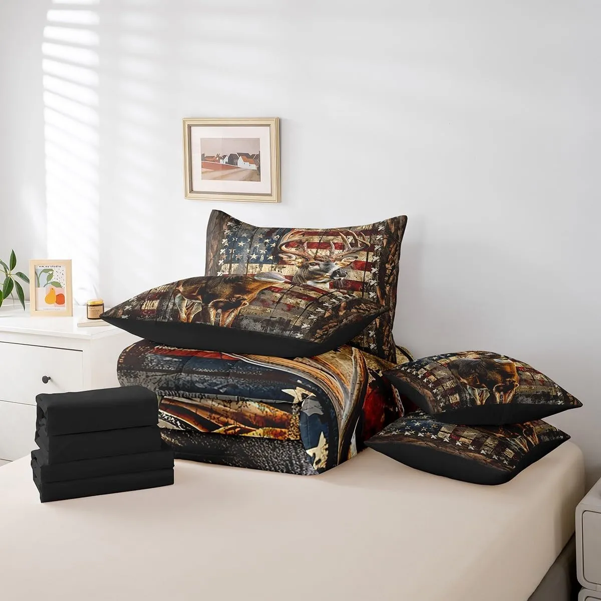 Feelyou Deer Hunting Comforter Set with Sheets American Flag 7 Piece Bedding Set Queen Size for Kids Boys Girls Wild Animal Deer Bed in a Bag Soft Down Bedding Comforters