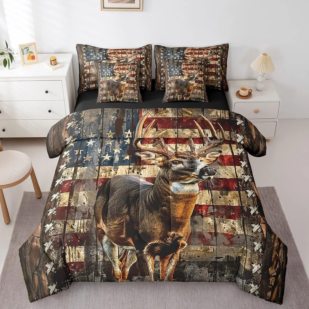 Feelyou Deer Hunting Comforter Set with Sheets American Flag 7 Piece Bedding Set Queen Size for Kids Boys Girls Wild Animal Deer Bed in a Bag Soft Down Bedding Comforters