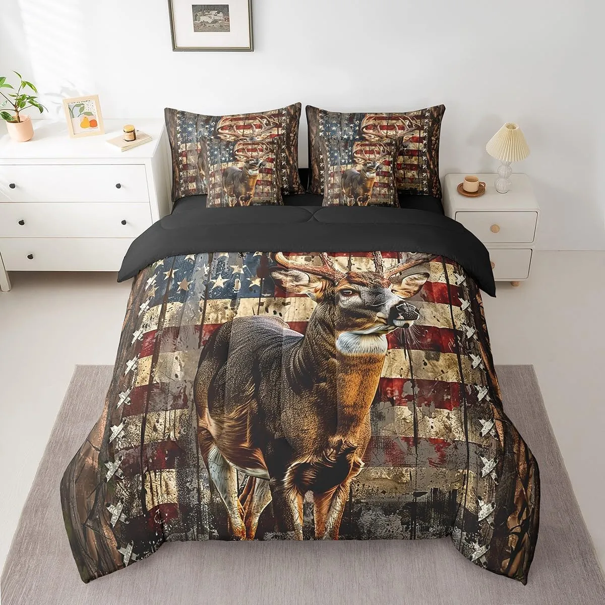 Feelyou Deer Hunting Comforter Set with Sheets American Flag 7 Piece Bedding Set Queen Size for Kids Boys Girls Wild Animal Deer Bed in a Bag Soft Down Bedding Comforters