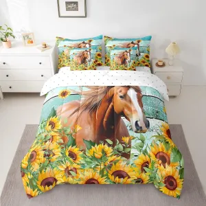 Feelyou Girls Horse Comforter Set Twin Size 7 Pieces Comforters Farm Farmhouse Bedding Set Floral Sunflower Vintage Wood Plank Bed Set Bed in a Bag with Comforter, Sheets, Pillowcases & Cushion Covers