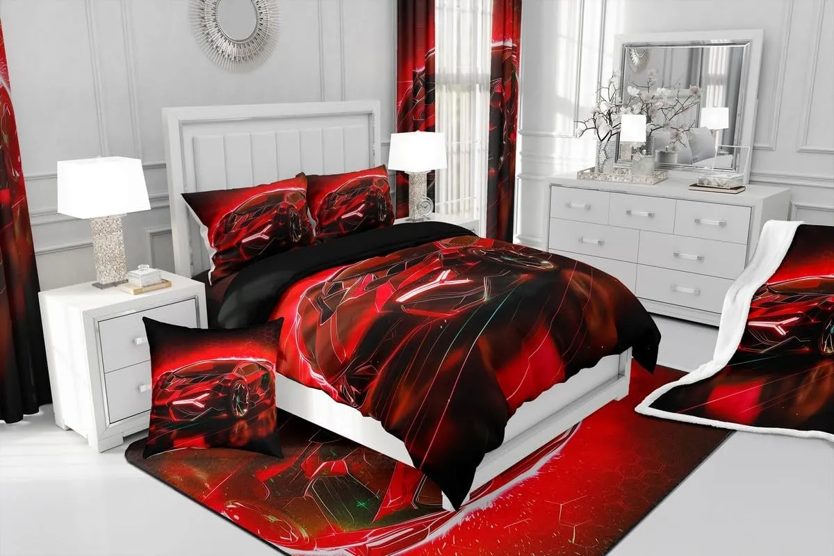 Feelyou Kids Boys Race Car 7 Piece Bedding Set Twin Size Red Sports Car Comforter Set with Sheets for Kids Teens Boys Girls Extreme Sports Theme Bed in a Bag Speed Luxury Car Bed Set