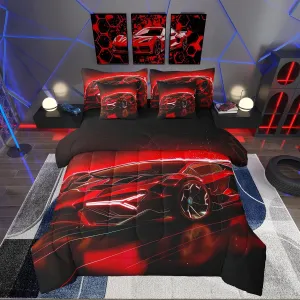 Feelyou Kids Boys Race Car 7 Piece Bedding Set Twin Size Red Sports Car Comforter Set with Sheets for Kids Teens Boys Girls Extreme Sports Theme Bed in a Bag Speed Luxury Car Bed Set
