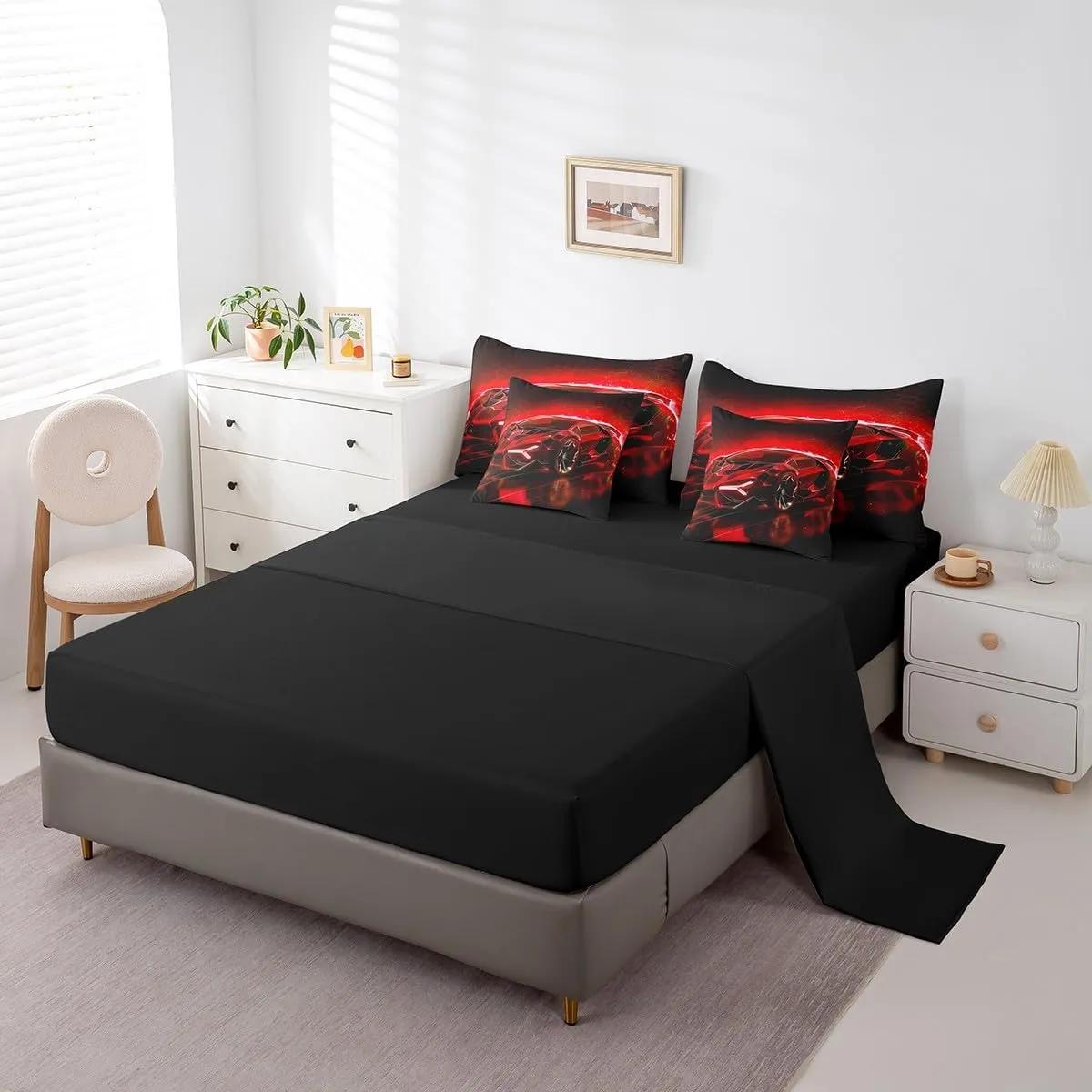 Feelyou Kids Boys Race Car 7 Piece Bedding Set Twin Size Red Sports Car Comforter Set with Sheets for Kids Teens Boys Girls Extreme Sports Theme Bed in a Bag Speed Luxury Car Bed Set