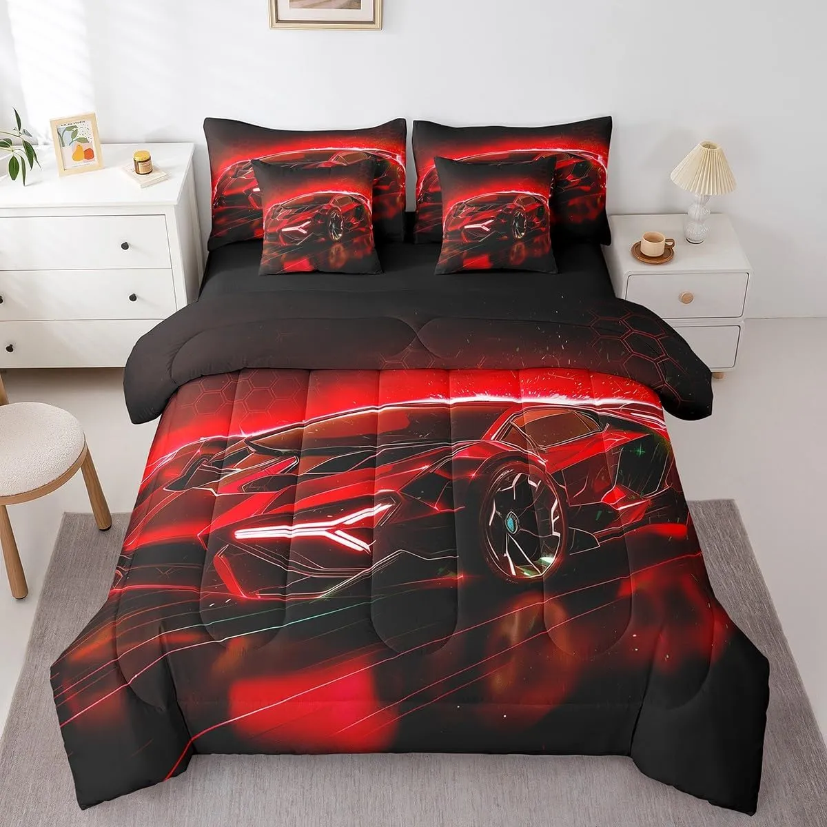 Feelyou Kids Boys Race Car 7 Piece Bedding Set Twin Size Red Sports Car Comforter Set with Sheets for Kids Teens Boys Girls Extreme Sports Theme Bed in a Bag Speed Luxury Car Bed Set