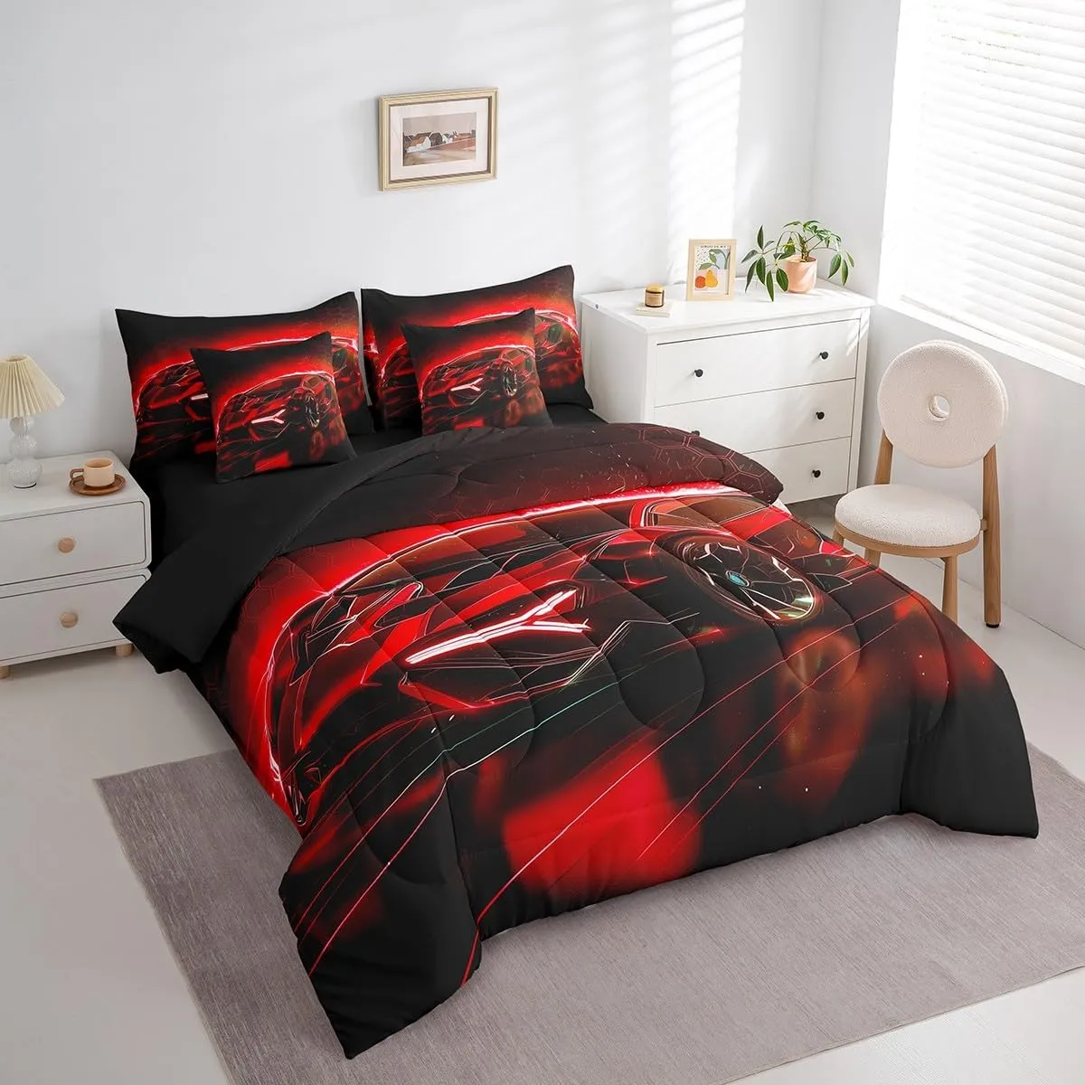 Feelyou Kids Boys Race Car 7 Piece Bedding Set Twin Size Red Sports Car Comforter Set with Sheets for Kids Teens Boys Girls Extreme Sports Theme Bed in a Bag Speed Luxury Car Bed Set