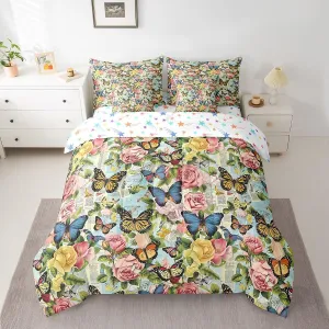 Feelyou Kids Butterfly 7 Pieces Bedding Set King Size Pink Rose Comforter Set for Boys Girls Room Decor Floral Flower Bed Set Bed in a Bag with Comforter, Sheets, Pillowcases & Cushion Covers