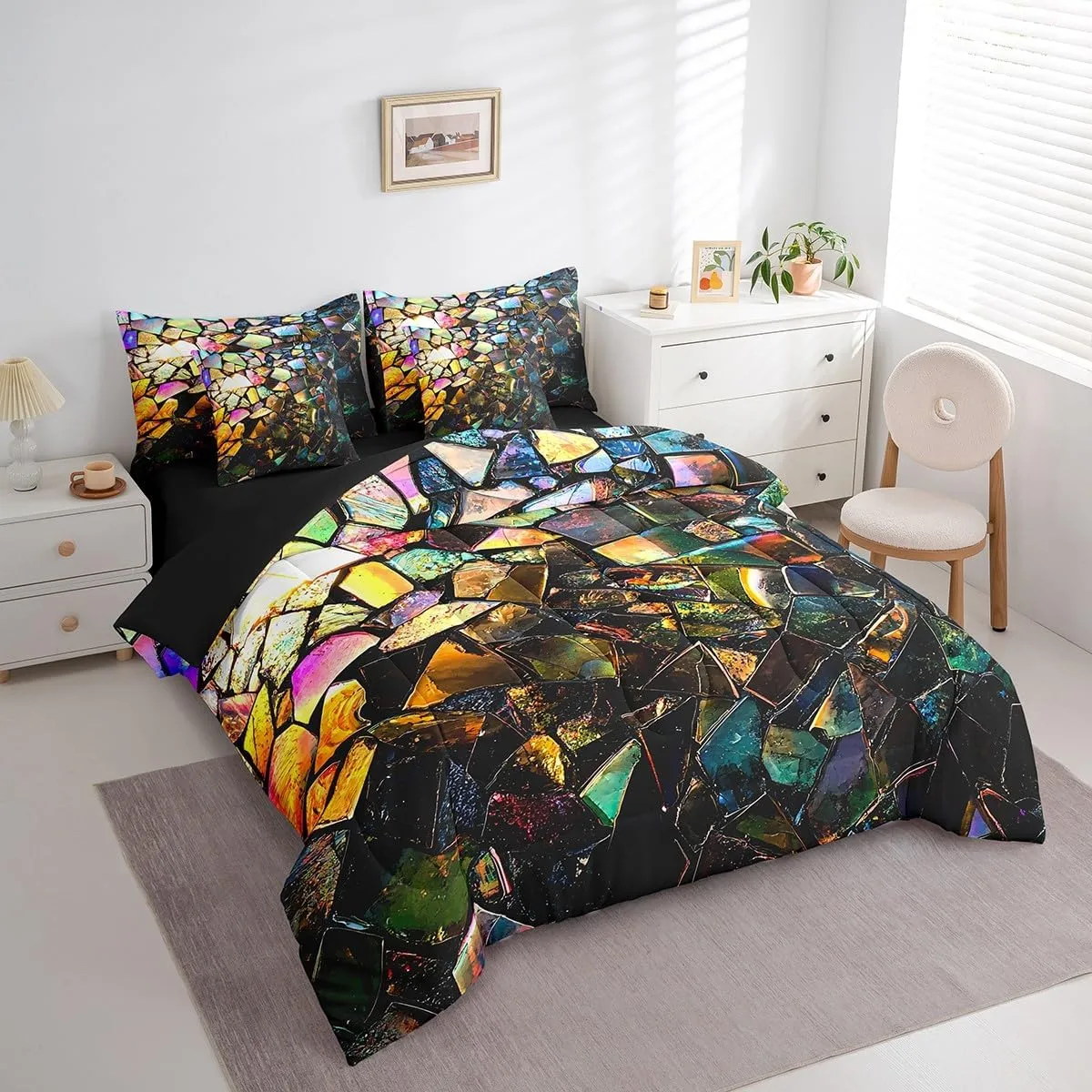 Feelyou Kids Colorful Stone Fragments Comforter Set Queen 7 Pieces Geometric Boys Girls Simple Modern Bedding Set Luxury Abstract Art Bed in a Bag with Comforter, Sheets, Pillowcases & Cushion Cover