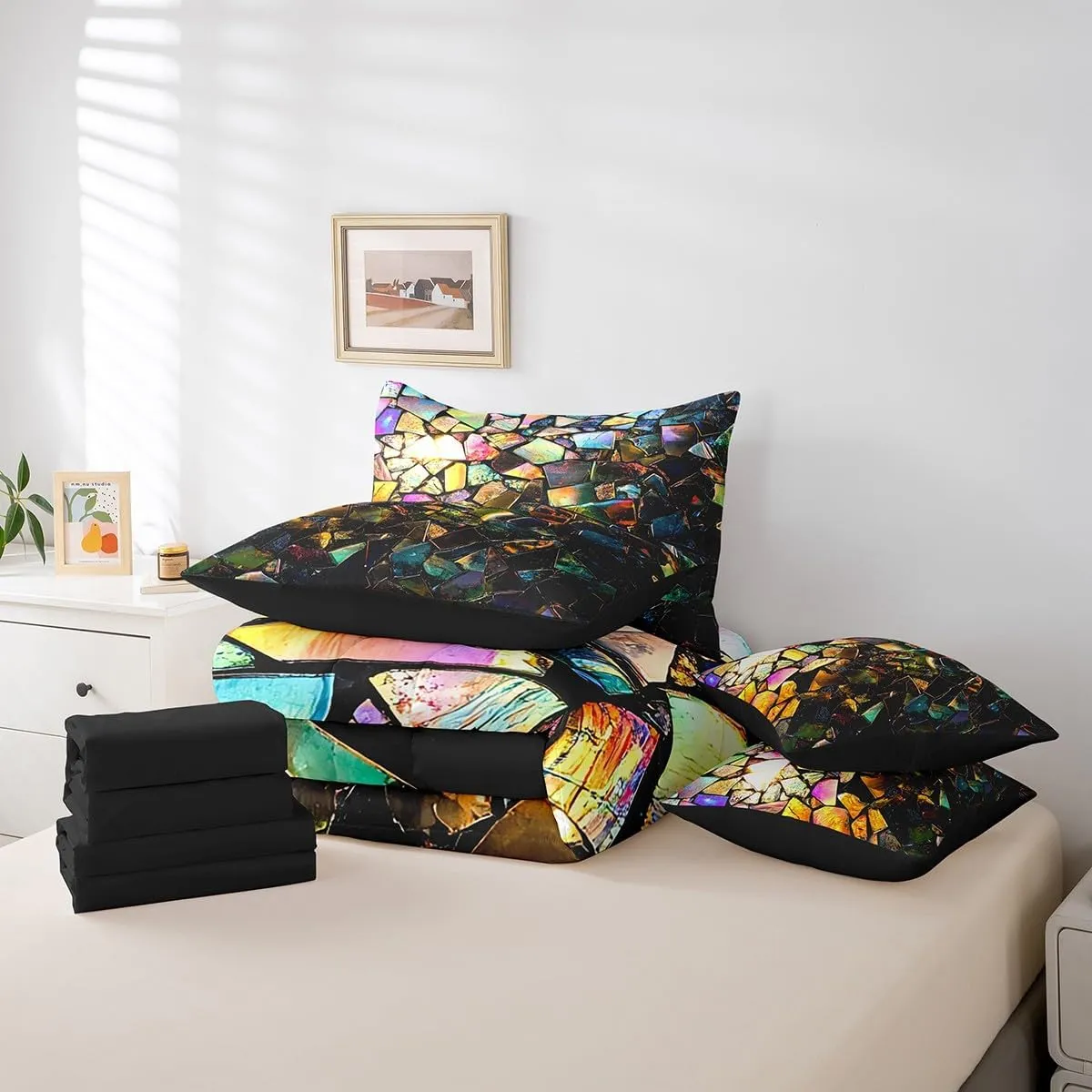 Feelyou Kids Colorful Stone Fragments Comforter Set Queen 7 Pieces Geometric Boys Girls Simple Modern Bedding Set Luxury Abstract Art Bed in a Bag with Comforter, Sheets, Pillowcases & Cushion Cover