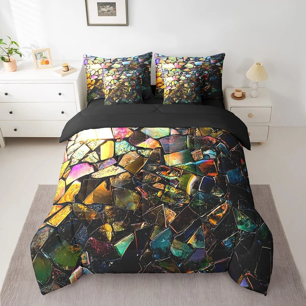 Feelyou Kids Colorful Stone Fragments Comforter Set Queen 7 Pieces Geometric Boys Girls Simple Modern Bedding Set Luxury Abstract Art Bed in a Bag with Comforter, Sheets, Pillowcases & Cushion Cover
