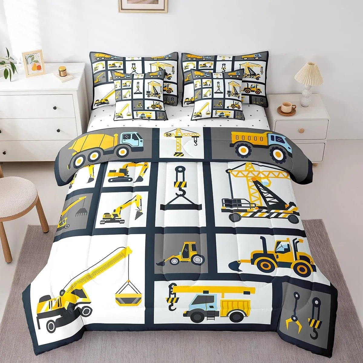 Feelyou Kids Construction Comforter Set Full Size 7 Pcs Boys Construction Site Cars Comforter Bed in a Bag Trucks Excavators Bedding Set Child Tractors Bed Set with Sheets, Pillowcases, Pillow Covers