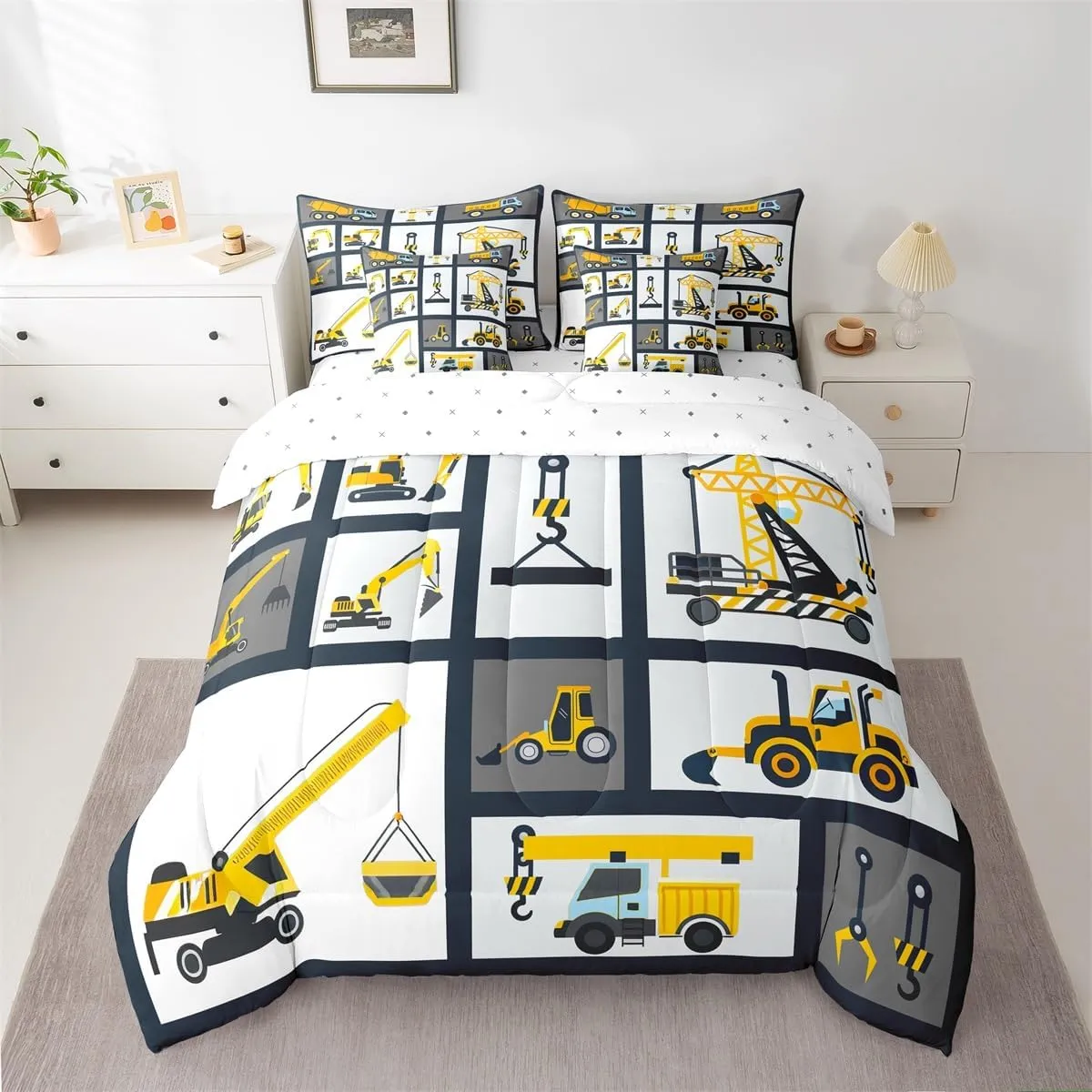 Feelyou Kids Construction Comforter Set Full Size 7 Pcs Boys Construction Site Cars Comforter Bed in a Bag Trucks Excavators Bedding Set Child Tractors Bed Set with Sheets, Pillowcases, Pillow Covers